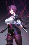  1girl absurdres ass breasts eyewear_on_head gun highres holding holding_gun holding_weapon honkai:_star_rail honkai_(series) jacket kafka_(honkai:_star_rail) lingear long_hair looking_at_viewer pantyhose purple_eyes purple_hair purple_pantyhose solo sunglasses weapon 