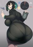  1girl allmind_(armored_core_6) armored_core armored_core_6 ass breasts earrings english_text green_nails gun highres huge_ass huge_breasts jewelry laser legs_together nuezou open_mouth science_fiction short_hair smug thick_thighs thighs tight_clothes weapon wide_hips 