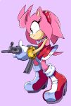  2023 absurd_res accessory amy_rose anthro boots bottomwear clothing eulipotyphlan female footwear gloves green_eyes gun hair_accessory hairband handwear hedgehog hi_res holding_gun holding_object holding_weapon mammal randomguy999 ranged_weapon sega simple_background skirt solo sonic_the_hedgehog_(series) weapon 