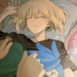  bed black_shirt blonde_hair character_doll closed_eyes commentary covering_with_blanket earrings galo_thymos hand_up head_on_pillow highres jewelry light_blush lio_fotia lying on_back on_bed otoko_no_ko pillow prmattotia promare shirt short_hair sleeping symbol-only_commentary triangle_earrings 