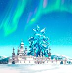  absurdres aurora blue_sky castle crystal fantasy highres milly_(illst) mountain no_humans original oversized_object scenery sky snow snowing tree 