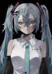  1girl absurdres alternate_eye_color aqua_hair aqua_necktie arm_tattoo artist_name black_wrist_cuffs closed_mouth collared_shirt hatsune_miku highres long_hair looking_at_viewer necktie pink_eyes ribbon_akai shirt sleeveless sleeveless_shirt solo tattoo tokumei_m_(vocaloid) twintails vocaloid white_shirt 