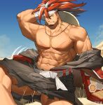  1boy abs absurdres alchemy_stars bara bare_pectorals bulge_peek clothes_down come_hither feet_out_of_frame hat_behind_back highres japanese_clothes kimono large_pectorals long_hair long_sideburns looking_at_viewer male_focus manspreading mature_male multicolored_hair muscular muscular_male navel nipples no_nipples partially_undressed pectorals seductive_smile sideburns sinsa_(alchemy_stars) smile solo stomach streaked_hair tekkowang thick_eyebrows thick_thighs thighs 