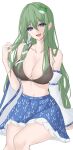  1girl 7saki bikini black_bikini blue_eyes blue_skirt breasts detached_sleeves frog_hair_ornament green_hair hair_between_eyes hair_ornament hand_in_own_hair highres kochiya_sanae large_breasts long_hair long_sleeves looking_at_viewer navel open_mouth simple_background single_detached_sleeve sitting skirt smile solo swimsuit touhou white_background 