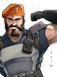  1boy beard biceps brimstone_(valorant) brown_hair bulletproof_vest enero_(lewishamada) facial_hair flexing frown hair_slicked_back highres looking_at_viewer male_focus mature_male military muscular muscular_male mustache short_hair solo thick_eyebrows two-tone_beard upper_body valorant veins veiny_arms white_background 