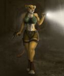  abs adventure anthro clothing crop_top dark digital_media_(artwork) domestic_cat felid feline felis female flashlight furry gun hi_res lion mammal pantherine paws pose ranged_weapon shirt solo tomb topwear weapon 