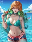  1girl aqua_bikini bikini bikini_under_clothes breasts choker earrings feather_earrings feathers food gradient_hair green_choker green_hair highres hololive hololive_english jewelry large_breasts lazyartist_(lazyartistph) long_hair looking_at_viewer mori_calliope multicolored_hair nail_polish navel ocean open_clothes open_shorts orange_hair partially_submerged popsicle purple_eyes shorts smile solo solo_focus swimsuit takanashi_kiara takanashi_kiara_(2nd_costume) virtual_youtuber watermelon_bar 