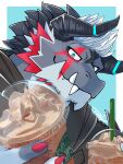  anthro aoi_tachi0 blue_eyes colored_nails dragon drinking_straw facial_markings fangs giansar grey_body hair head_markings hi_res horn latte_(disambiguation) lifewonders live_a_hero looking_at_viewer male markings nails solo starbucks teeth white_hair 