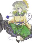  1girl black_headwear black_socks chinese_commentary closed_mouth collared_shirt commentary_request frilled_shirt_collar frills green_eyes green_hair green_skirt hat hat_ribbon highres huangdouliuhan komeiji_koishi long_hair long_sleeves looking_at_viewer ribbon shirt sketch skirt sleeves_past_fingers sleeves_past_wrists smile socks solo touhou yellow_ribbon yellow_shirt 