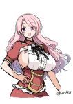  1girl aiguillette armpit_cutout black_ribbon breasts clothing_cutout cropped_arms hand_on_own_hip kantai_collection large_breasts long_hair looking_at_viewer luigi_di_savoia_duca_degli_abruzzi_(kancolle) military_uniform multicolored_hair neck_ribbon pink_eyes pink_hair red_hair red_shirt red_skirt ribbon shirt sideboob skirt smile solo streaked_hair suke_(share_koube) twitter_username uniform 