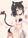  1girl animal_ears bikini black_hair blue_bikini blue_eyes breasts cat_ears cat_girl cat_tail dress frilled_bikini_top highres holding holding_clothes holding_dress layla_(mino) looking_at_viewer medium_hair navel nonono_(mino) nyan original small_breasts sweat swimsuit tail unworn_clothes 