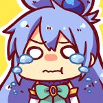  1girl aqua_(konosuba) blue_hair blue_shirt bow bowtie chibi crying crying_with_eyes_open detached_sleeves gem green_bow green_bowtie hair_between_eyes hair_ornament hair_rings kono_subarashii_sekai_ni_shukufuku_wo! long_hair looking_at_viewer pout shirt simple_background single_hair_ring solo tears urara_(sumairuclover) white_sleeves 