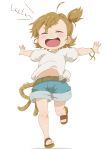  1girl :d ^_^ ahoge barakamon barefoot_sandals blue_shorts blush brown_hair closed_eyes commentary_request dated female_child full_body highres kotoishi_naru midriff_peek outstretched_arms samansa_ex sandals shirt short_hair short_sleeves shorts side_ponytail smile solo spread_arms spread_fingers teeth toes upper_teeth_only white_shirt wrist_straps 
