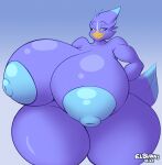  2021 anthro avian beak big_breasts big_nipples bird blue_background blue_nipples breasts dedoarts eyebrows feathers female huge_breasts nipples non-mammal_nipples orange_beak purple_body simple_background smile smirk solo standing tail_feathers thick_thighs 