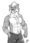  abs anthro bottomwear chest_tuft clothed clothing felid hair hi_res lofnirv male mammal muscular muscular_anthro muscular_male pants pecs pubes saber-toothed_tiger smile solo teeth tuft 
