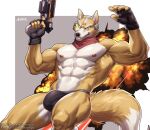  abs action_pose amon-sydonai anthro bulge canid canine clothed clothing dipstick_tail explosion fingerless_gloves fluffy fluffy_tail fox fox_mccloud fur gloves gun handwear hi_res holding_gun holding_object holding_weapon jockstrap jockstrap_only laser_gun looking_at_viewer male mammal markings mostly_nude muscular muscular_anthro muscular_male nintendo pecs pose ranged_weapon scarf scouter solo star_fox tail tail_markings tan_body tan_fur topless underwear underwear_only weapon 