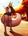  2023 accessory anthro autumn bench big_breasts biped black_clothing black_sweater black_topwear blue_eyes breasts canid canine canis chito-nii clothing female flip_flops flower flower_in_hair footwear hair hair_accessory hi_res huge_breasts mammal meme meme_clothing ofuda ofuda_on_breast orangedog outside plant sandals shirt_cuffs signature solo sweater talisman topwear virgin_killer_sweater wolf 