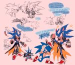  2boys 9474s0ul anger_vein animal_ears animal_nose closed_mouth color_guide english_text foot_on_head furry furry_male gloves green_eyes hand_puppet hands_on_own_head high_heels highres looking_at_another lying male_focus metal_overlord metal_sonic multiple_boys neo_metal_sonic on_one_knee on_stomach one_eye_closed open_mouth pink_background pointing pointing_at_another puppet red_eyes red_footwear sharp_teeth shoes simple_background sketch smile sonic_(series) sonic_the_hedgehog speech_bubble standing star_(symbol) tail teeth white_gloves 