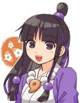  1girl :d ace_attorney black_eyes black_hair blunt_bangs blush commentary_request hair_ornament half_updo hanten_(clothes) jacket japanese_clothes jewelry kimono long_hair looking_at_viewer magatama magatama_necklace maya_fey necklace numae_kaeru open_mouth parted_bangs purple_jacket sidelocks smile solo upper_body white_background white_kimono 