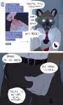  absurd_res aggressive_retsuko anthro asinus balls bodily_fluids brown_body brown_fur cellphone clothed clothing comic donkey english_text equid equine erection erection_under_clothing fur genital_fluids genitals haida hi_res holding_penis hyena looking_at_object looking_at_phone looking_at_smartphone lumarten male mammal necktie penis phone presenting presenting_penis pubes sanrio shirt smartphone solo speech_bubble spotted_hyena tadano_(aggretsuko) text topwear 