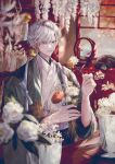  1boy aohi_2wa bishounen blurry chrysanthemum cowboy_shot daisy earrings flower hand_up highres holding holding_flower japanese_clothes jewelry koi light_rays long_sleeves looking_at_viewer male_focus original short_hair solo white_flower white_hair wisteria 