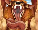  absurd_res anthro black_eyebrows bodily_fluids eyebrows front_view fur green_eyes green_sclera hi_res imperatorcaesar looking_at_viewer male mouth_shot narrowed_eyes open_mouth pupils saliva saliva_on_tongue saliva_string sharp_teeth slit_pupils solo tan_body tan_fur teeth tongue tongue_out 
