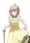  1girl absurdres ahoge brown_hair cane dress gloves highres iwanaga_kotoko kyokou_suiri lahow lifted_by_self short_hair simple_background sleeveless sleeveless_dress solo standing white_gloves yellow_dress 
