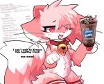  2023 4_fingers ambiguous_gender anthro baskin_robbins bell beverage canid canine clothing collar dialogue digital_media_(artwork) domestic_cat english_text felid feline felis fingers food fox fur hair hi_res holding_beverage holding_object hybrid jingle_bell kemono legwear male_(lore) mammal milkshake mostly_nude multicolored_body multicolored_fur multicolored_hair multicolored_tail nutritional_information oreo_(food) pawpads paws pink_body pink_eyes pink_fur pink_hair pinkpoffinz puffi_(pinkpoffinz) solo tail text thigh_highs whiskers white_body white_fur white_hair 