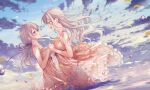 2girls :d bare_arms bare_shoulders blue_eyes blue_sky blush breasts cloud cloudy_sky collarbone commentary_request day dress eye_contact frilled_dress frills from_side grey_hair hair_between_eyes highres holding_hands layered_dress looking_at_another medium_breasts multiple_girls outdoors parted_lips pink_dress profile sky sleeveless sleeveless_dress smile sousouman twinbox_school wading water 