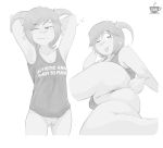  2023 anthro bottomless bovid butt bzeh caprine carla_guzman_(bzeh) clothed clothing domestic_sheep english_text female freckles genitals greyscale hair hi_res horn looking_at_viewer looking_back looking_back_at_viewer mammal monochrome profanity pussy sheep shirt simple_background smile smiling_at_viewer solo text text_on_clothing text_on_shirt text_on_topwear tongue tongue_out topwear 