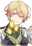  1boy absurdres blue_jacket closed_mouth flower highres holding holding_flower hoshi-toge jacket looking_at_viewer project_sekai simple_background smile solo tenma_tsukasa tulip upper_body white_background white_jacket yellow_flower yellow_tulip 