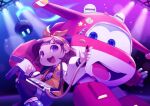  1boy 1girl aircraft airplane blue_eyes brown_hair child female_child hair_ribbon highres holding holding_instrument instrument jacket jett_(super_wings) kim_mushroom long_sleeves open_mouth pei_(super_wings:_maximum_speed) purple_eyes ribbon robot shorts super_wings super_wings:_maximum_speed teeth thighhighs tongue yellow_ribbon 