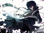 1boy black_gloves black_hair black_jacket chain commentary_request falling_petals fighting_stance foreshortening gloves hair_between_eyes jacket long_ribbon long_sleeves looking_at_viewer motion_blur nose ootori_sakuya parted_lips petals red_eyes rewrite ribbon short_hair simple_background smile solo tagame_(tagamecat) v-shaped_eyebrows white_background white_ribbon 