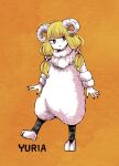  1girl animal_costume blonde_hair food-themed_hair_ornament hair_ornament highres horns izumi_(toubun_kata) long_hair low_twintails mieruko-chan mushroom_hair_ornament niguredou_julia open_mouth red_eyes sheep sheep_costume sheep_girl sheep_horns sheep_tail simple_background solo tail twintails wool 