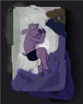  bed bovid buffalonium caprine casamir cloven_hooves ears_down furniture goat hi_res hooves humanoid lying male mammal on_side pivoted_ears shirtless simple_background solo 