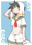  1girl arm_up artist_name black_hair blue_background blue_panties blush_stickers bra bralines character_name cropped_shirt drying drying_hair green_eyes green_sailor_collar groin hat hat_removed headwear_removed holding holding_clothes holding_hat holding_towel light_frown messy_hair midriff murasa_minamitsu neckerchief open_fly open_mouth outside_border panties panty_peek red_neckerchief sailor sailor_collar sailor_hat see-through short_hair short_shorts short_sleeves shorts signature solo striped striped_bra striped_panties touhou towel twitter_username underwear wet white_shorts zannen_na_hito 