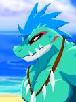  anthro anthrofied beach blue_body blue_scales bust_portrait feraligatr generation_2_pokemon hi_res jewelry male markings muscular muscular_male narrowed_eyes necklace nintendo pecs pokemon pokemon_(species) portrait scales scalie sea seaside shadowsoulful solo tooth_necklace water yellow_eyes 