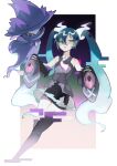  1girl absurdres bare_shoulders black_skirt black_thighhighs border commentary detached_sleeves ghost_miku_(project_voltage) green_hair grey_shirt hair_between_eyes hatsune_miku highres long_hair looking_down mismagius necktie outside_border parted_lips pokemon pokemon_(creature) project_voltage shirt skirt sleeveless sleeveless_shirt sleeves_past_fingers sleeves_past_wrists thighhighs twintails vocaloid white_border ww20040626 yellow_eyes 