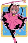  1girl animal_ears blush brown_hair cardcaptor_sakura cat_ears child dress green_eyes hair_between_eyes happy holding holding_wand kinomoto_sakura magical_girl minini_(@mofumofu_alien) pink_dress pink_footwear solo teeth upper_teeth_only wand 