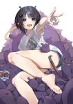  1girl armpits bare_legs barefoot black_hair black_shorts blue_eyes blunt_bangs commentary cookie crowbar english_commentary extra_ears eyelashes fang feet food foot_out_of_frame foreshortening hair_ornament highres hololive hololive_english kouhiipan leaning_back legs medium_hair ninomae_ina&#039;nis open_mouth outstretched_arm parted_bangs shirt short_shorts short_sleeves shorts sitting skin_fang soles solo t-shirt takodachi_(ninomae_ina&#039;nis) thighs toes virtual_youtuber white_background white_shirt 