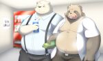  2023 anthro bear belly big_belly bodily_fluids bottomwear brown_body canid canine clothed clothing duo hi_res kemono male mammal musk open_clothing open_shirt open_topwear overweight overweight_male pants raccoon_dog shirt suspenders sweat tai_tanuki tanuki tongue tongue_out topwear vending_machine 