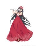  1girl akira_ferrari alternate_costume aria bare_shoulders black_hair breasts collarbone copyright copyright_name dress floral_print flower flute full_body hair_flower hair_ornament hands_up high_heels highres holding holding_instrument instrument long_dress long_hair looking_at_viewer medium_breasts music nail_polish official_art one_eye_closed playing_instrument print_dress red_dress red_footwear red_nails simple_background sleeveless sleeveless_dress solo strapless strapless_dress toe_cleavage white_background 