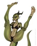  2023 4_toes anthro bra clothing digital_media_(artwork) eyebrows eyelashes feet female fingers hi_res horn johnfoxart looking_at_viewer navel scalie simple_background solo text toes tongue tongue_out underwear url white_background 