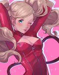  1girl ;p absurdres arms_behind_head blonde_hair blue_eyes bodysuit breasts cleavage cleavage_cutout clothing_cutout earrings fake_tail highres jewelry kokomi_(aniesuakkaman) long_hair looking_at_viewer medium_breasts one_eye_closed panther_tail persona persona_5 pink_background red_bodysuit solo sparkle stud_earrings swept_bangs tail takamaki_anne tongue tongue_out twintails upper_body zipper 