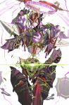  bound electricity extra_arms genshin_impact glowing halo hei_lang highres mecha mitsudomoe_(shape) no_humans plant robot rope scaramouche_(genshin_impact) scaramouche_(shouki_no_kami)_(genshin_impact) shimenawa simple_background solo tomoe_(symbol) vines white_background 