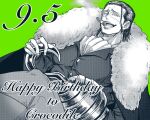  1boy ascot black_hair cigar crocodile_(one_piece) from_below greyscale_with_colored_background hair_slicked_back happy_birthday highres hook_hand hourinoki large_pectorals male_focus mature_male one_piece pectorals scar scar_on_face scar_on_nose short_hair smoking smug solo stitches 