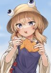  1girl absurdres blonde_hair detached_sleeves eating food hair_ornament hair_ribbon hat highres holding holding_food long_sleeves looking_at_viewer moriya_suwako neritch pyonta ribbon short_hair solo taiyaki touhou wagashi wide_sleeves 