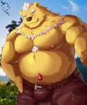  2023 absurd_res anthro bear belly big_belly bottomwear bulge clothing cute_fangs hfengfffff hi_res humanoid_hands kemono male mammal moobs nipples overweight overweight_male pants solo 