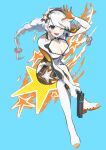  1girl :d absurdres ahoge blue_background blue_eyes bodysuit braid breasts cleavage cleavage_cutout clothing_cutout crossed_legs gun highres holding holding_gun holding_weapon honkai_(series) honkai_impact_3rd invisible_chair kiana_kaslana kiana_kaslana_(white_comet) long_hair looking_at_viewer naiawakashi one_eye_closed open_mouth sitting smile solo star_(symbol) twin_braids very_long_hair weapon white_bodysuit white_hair 