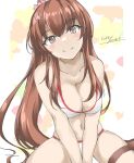  1girl bikini breasts brown_eyes brown_hair cherry_blossoms cleavage commentary_request flower gakky hair_flower hair_ornament highres kantai_collection large_breasts long_hair looking_at_viewer official_alternate_costume one-hour_drawing_challenge ponytail sitting smile solo swimsuit wariza white_bikini yamato_(kancolle) 